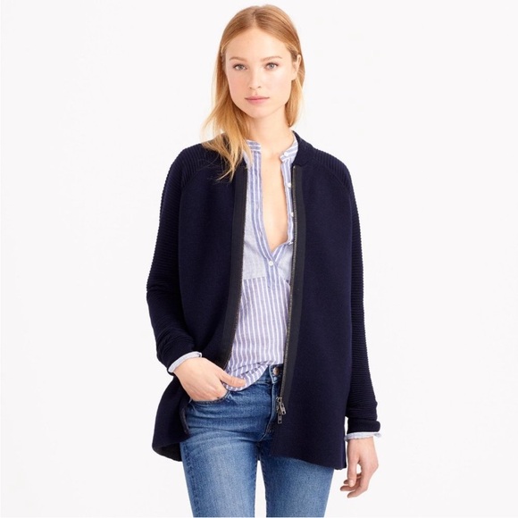 J.Crew Collection Women’s Wool Navy Double-Zip Ribbed Sweater-Jacket - Picture 6 of 12